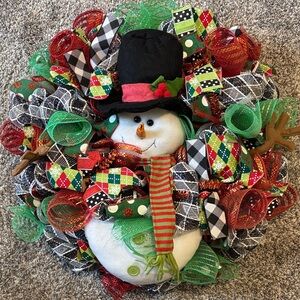 Festive Snowman Holiday Wreath with Red and Green Accents